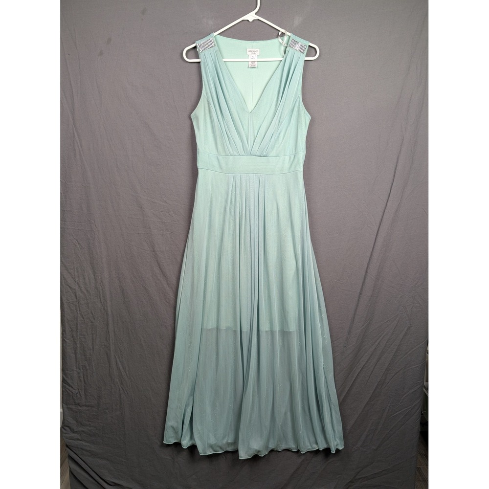 Alexa B Mint Green V-Neck Sleeveless Maxi Gown Rhinestone Accents Size 6
